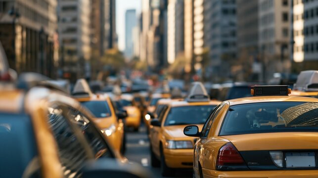 Yellow taxis line congested city street with tall