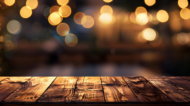 Wooden tabletop with blurred golden light bokeh background with Wooden surface displays warm out focus golden light reflections minimalist lighting diffused ambiance with contrast