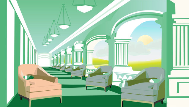 vector illustration 3d kursi klasik di teras balkon rumah vintage interior dengan lampu gantung atap  background hijau tema nature.eps