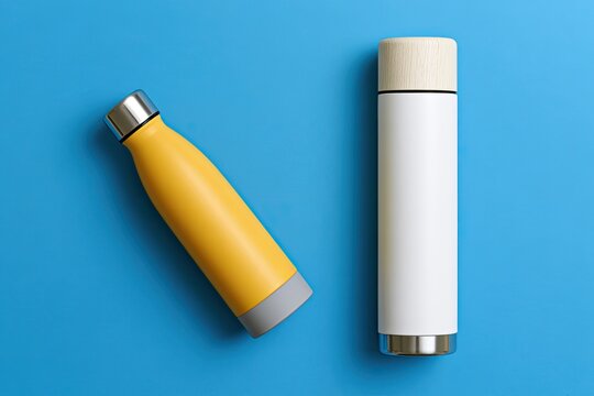 Two stylish water bottles, one yellow and one white, on a blue background