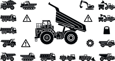 Heavy Construction Mining Dump Truck Haul Truck Excavator Wheel Loader and Warning Sign Silhouette Vector Icon Set © monira