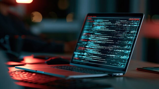 Laptop screen displays lines of programming code in