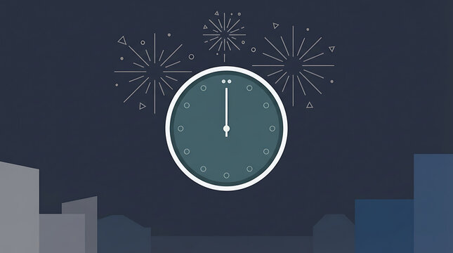 Clock showing midnight with fireworks exploding in the dark night sky above a stylized city skyline.