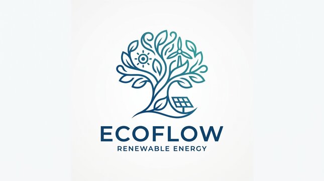 Eco-friendly renewable energy logo design with tree, solar panels, and wind turbine icon for sustainable business branding and environmental concept