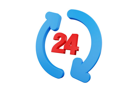 3D blue circular arrows with red number 24, twenty four
