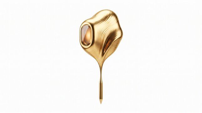 Luxury gold organic sculpture with amber gemstone, elegant golden fluid metal brooch, futuristic jewelry design with metallic texture and wavy curves isolated PNG with Transparent Background