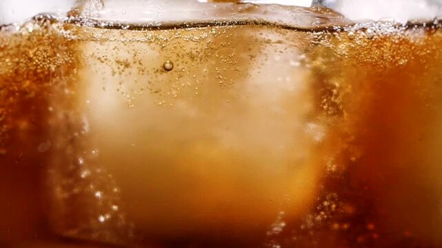 Slow motion closeup cola with ice cubes and bubbles, macro soft drink texture