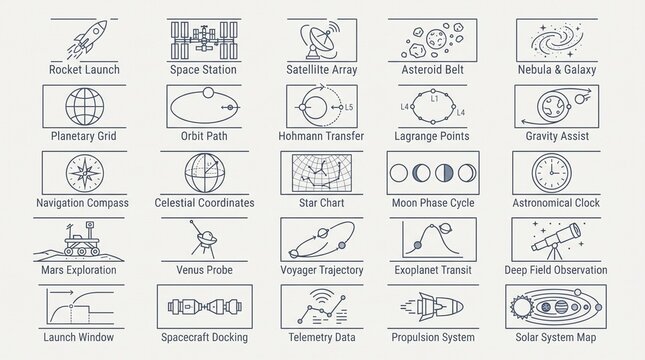 Set of Space Exploration and Astronomy Icons Featuring Rocket Launch, Planetary Orbits, Space Stations, and Celestial Navigation Elements