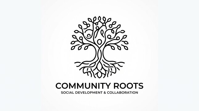 Community Roots Logo Design Featuring Abstract Tree with People Figures Representing Social Development, Unity, Teamwork, and Corporate Collaboration