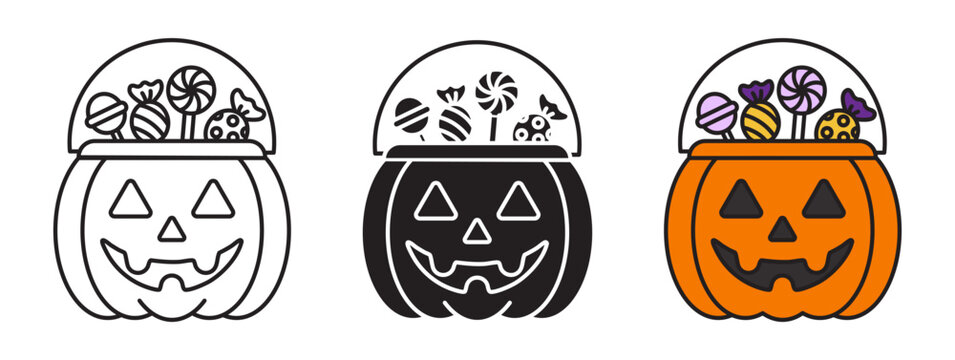 Halloween pumpkin candy bucket full of sweets icon set in line, solid and colored styles. Jack-o'-lantern pail filled with treats vector illustration with editable stroke on white background.