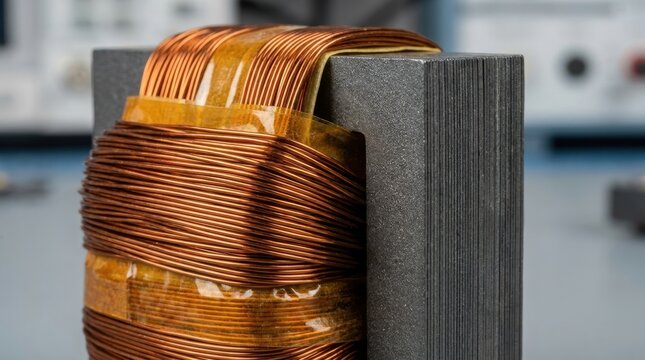 solid state transformer concept Close-up of copper wire coil wrapped around a laminated transformer core.
