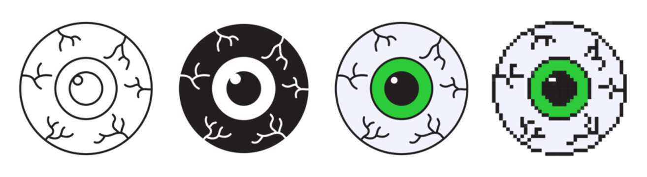 Spooky eyeball vector icon set in line art with editable stroke, solid glyph, color fill, and pixel style on white background. Horror Halloween element.