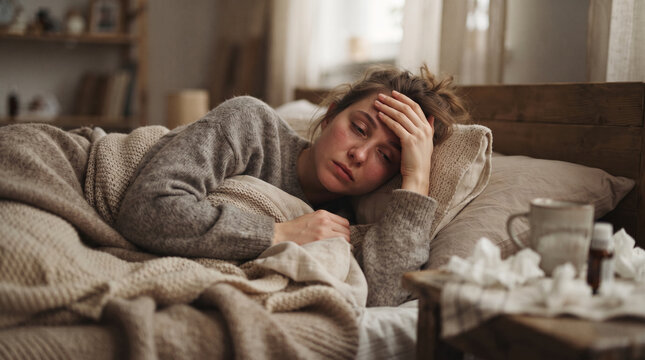 Woman feeling unwell in bed with tissues and medicine nearby