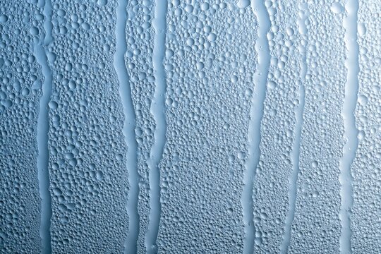 Macro view of water droplets condensing and streaming down a cool, blue-tinted surface