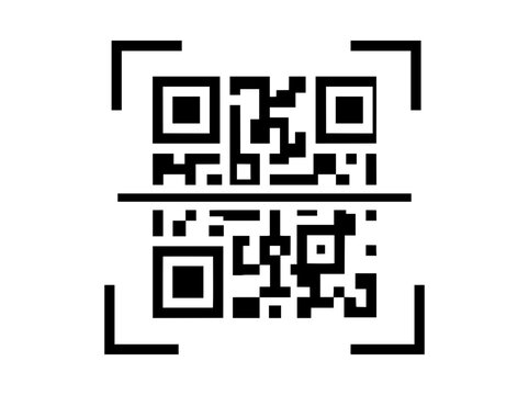 Minimalist QR code icon with scanning line, digital barcode vector illustration, black and white quick response code for mobile payment and data access