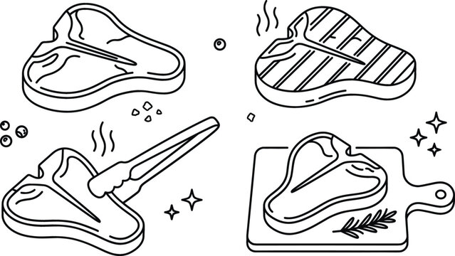 T bone steak line art vector illustration collection featuring raw grilled steak meat tongs rosemary and cutting board