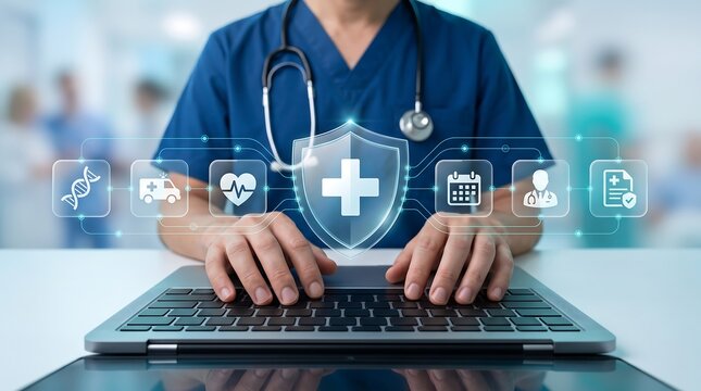 Medical doctor typing on laptop with glowing virtual healthcare shield and medical icons representing digital health security and integrated patient management systems in clinical environment