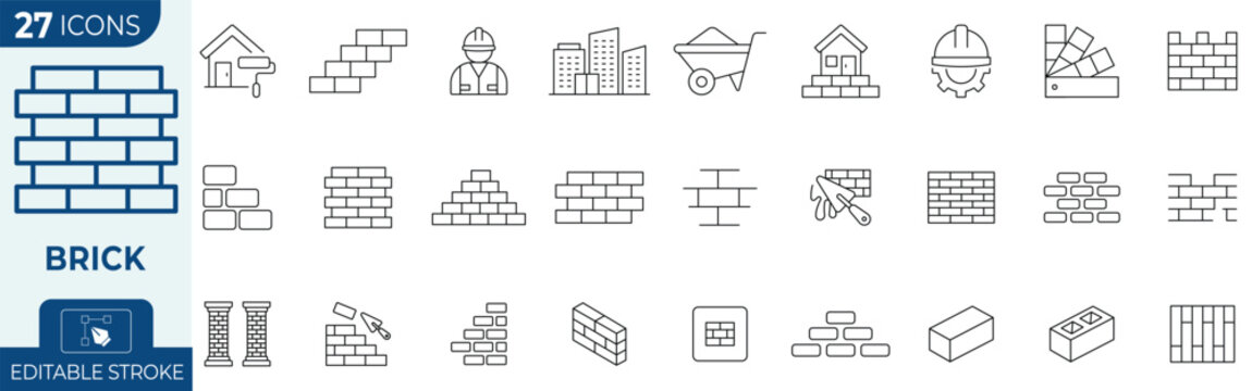 Brick and masonry line icon set, 27 construction and building material vector icons, editable stroke masonry work and bricklayer symbols