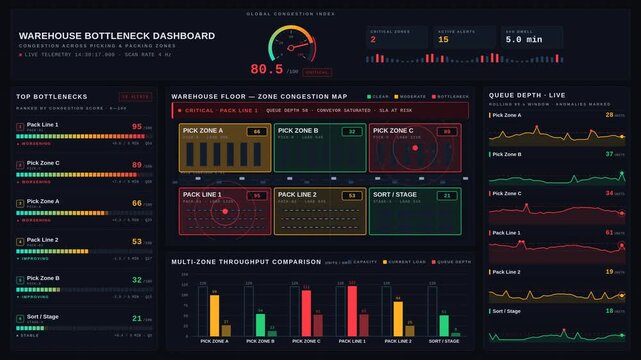 Visualize warehouse congestion with a detailed dashboard showing picking and packing zones, featuring animated alerts and real-time metrics in a dark aesthetic.