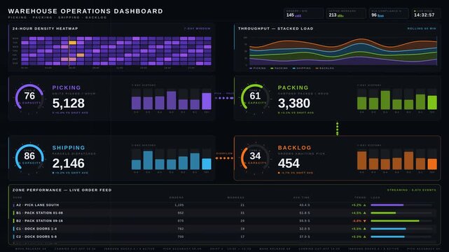Explore a comprehensive warehouse operations dashboard featuring vibrant panels for picking, packing, shipping, and backlog with animated metrics and a sleek design.