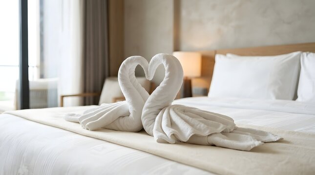 Two towels folded into swan shapes forming a heart on a hotel bed with soft ambient lighting.