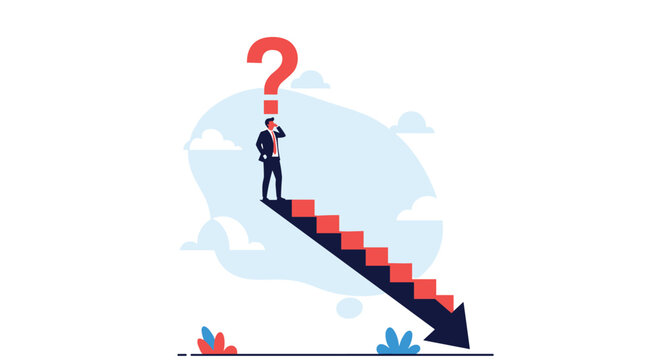 Thinking businessman standing on top of a descending staircase arrow while looking at a question mark above his head.