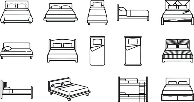 Bed furniture line icon set featuring single double bunk beds sofa couches and bedroom interior architecture vector symbols