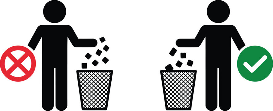 Littering versus proper waste disposal person silhouettes showing garbage throwing behavior, cleanliness, recycling, and environmental responsibility