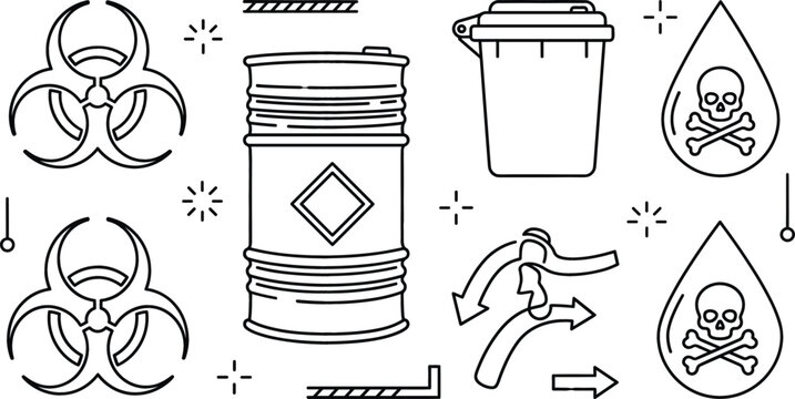 Biohazard toxic waste vector icon set featuring line art illustrations of chemical barrel biohazard sign skull droplet and bin