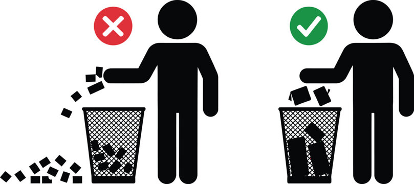 Littering versus proper waste disposal person silhouettes showing garbage throwing behavior, cleanliness, recycling, and environmental responsibility