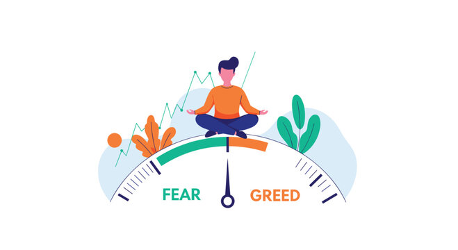 Calm individual meditates while sitting on top of a financial indicator needle pointing between the extremes of market fear and greed.