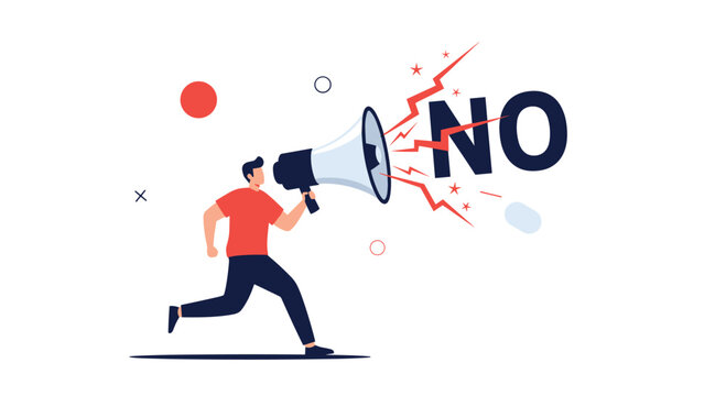 Determined person runs forward while shouting the word no through a massive megaphone to represent boundaries and assertive communication.