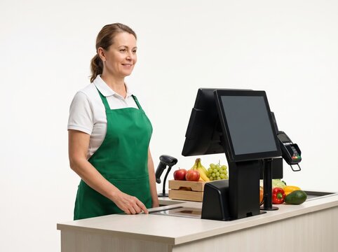 Customer making contactless payment at grocery store checkout counter with cashier using POS system in retail environment, front view, modern technology