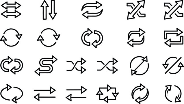 Arrow line icon set featuring refresh repeat shuffle reload transfer and sync symbols for interface navigation web design