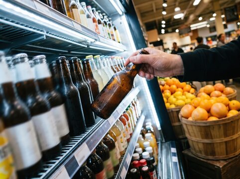 Selecting Craft Beer Bottle from Refrigerator Shelf in Grocery Store Aisle, Close-Up View, Indoor Market Environment, Lifestyle Shopping Concept