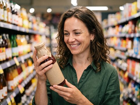Woman examining beverage bottle in supermarket aisle, lifestyle shopping experience, indoor retail environment, candid viewpoint, consumer choice concept