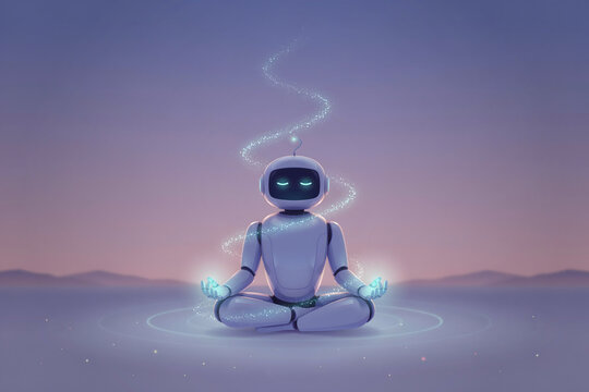 A white robot sitting in a lotus position meditating with glowing blue energy swirls and light particles against a soft purple twilight sky background