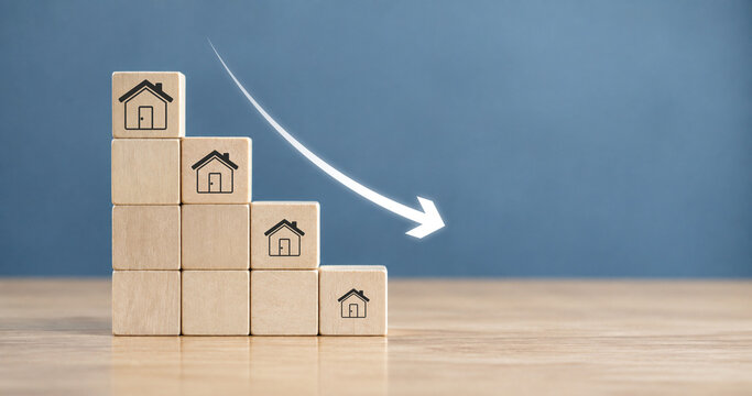 Downsizing home or crisis in the real estate market, housing market crash concept. Reducing demand for home buying. Downsizing property due to retirement or budget. Finding a tiny house or apartment.