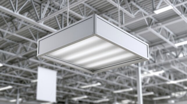 Square led light fixture hanging from warehouse ceiling
