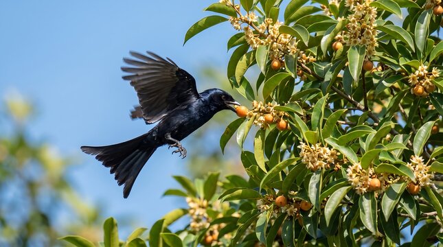 Black drongo bird pecking at ripe fruit on a lush green tree branch in natural sunlight