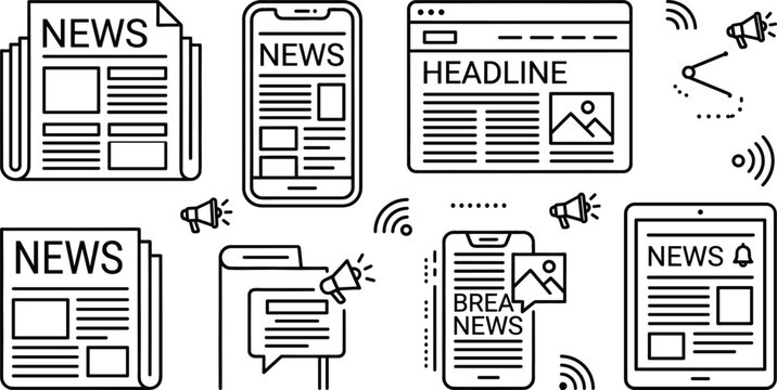 Digital news broadcasting and media communications line art icon set featuring newspaper smartphone web browser and tablet vectors
