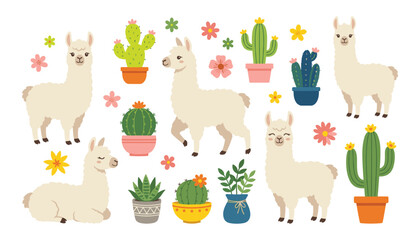 Cute llama and alpaca vector illustration set with potted cactus plants and flowers isolated on white background © SAYED