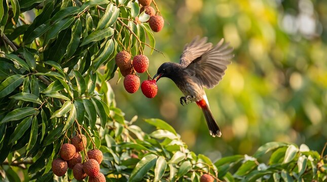 Red-vented bulbul bird feeding on lychee fruit in lush tropical foliage with vibrant natural lighting
