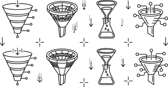 Data filtering and sales funnel vector line art illustration collection featuring marketing pipelines conversion steps and laboratory flasks