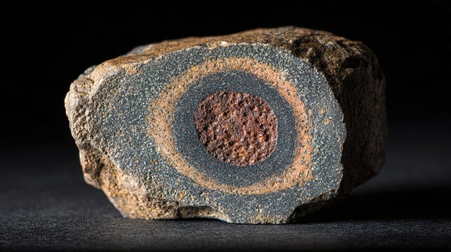 concretion. Cross-section of rough stone with a distinct round concretion embedded. STEM education sheets, lab safety posters, designed for STEM education and laboratory safety posters.