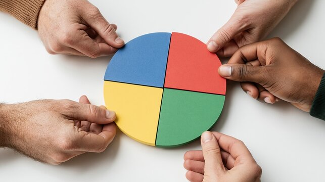 Diverse hands assembling a colorful pie chart diagram