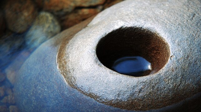 convergence. A smooth, water-worn hollow in a stone within a clear stream, symbolizing energy convergence. event programs, museum guides, designed for cultural heritage projects and event programs.