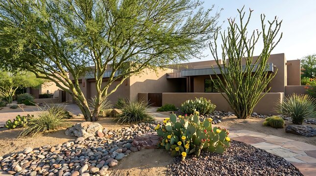 Modern house with desert landscaping and green trees in a sunny backyard. arizona yard