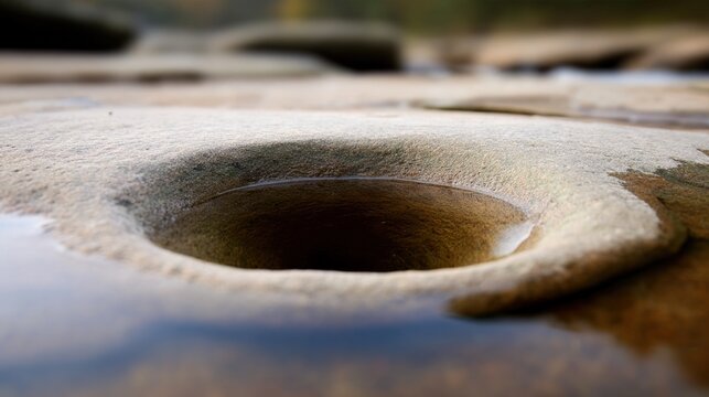 convergence. A smooth, water-worn hollow in a stone within a clear stream, symbolizing energy convergence. event programs, museum guides, designed for cultural heritage projects and event programs.