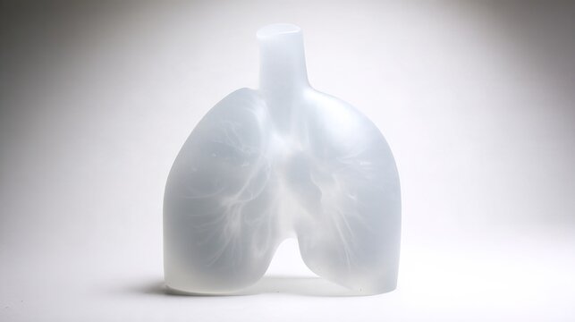 lung. A translucent, lung-shaped glass sculpture with white mist rhythmically forming and dissipating inside. event programs.